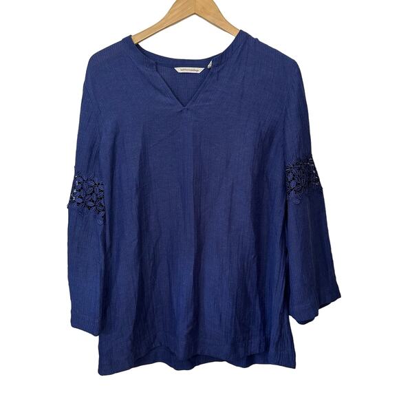 Soft Surroundings Morelos Blouse Blue Tunic Floral Eyelet Womens Large V Neck - Picture 2 of 6